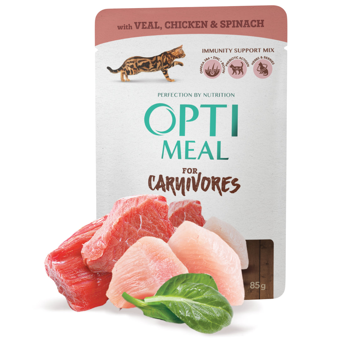 OPTIMEAL Grain free adult cats Pouches- veal, chicken fillet and spinach in sauce