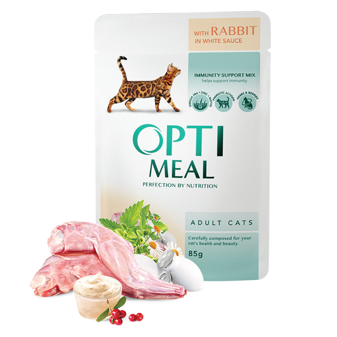 OPTIMEAL ™. ?omplete Pouches pet food for adult cats with rabbit in white sauce