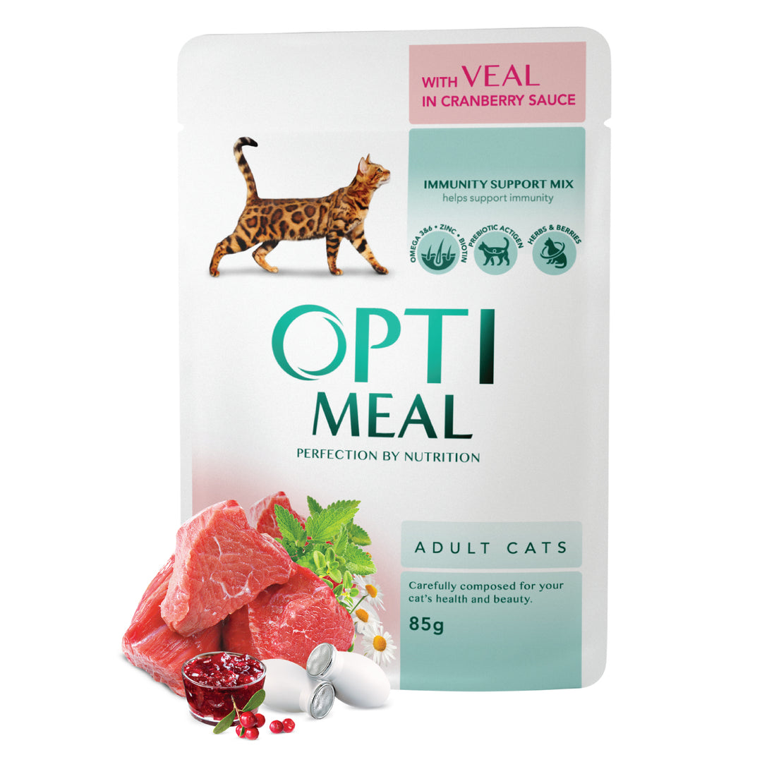 OPTIMEAL ™. ?omplete Pouches pet food for adult cats with veal in cranberry sauce