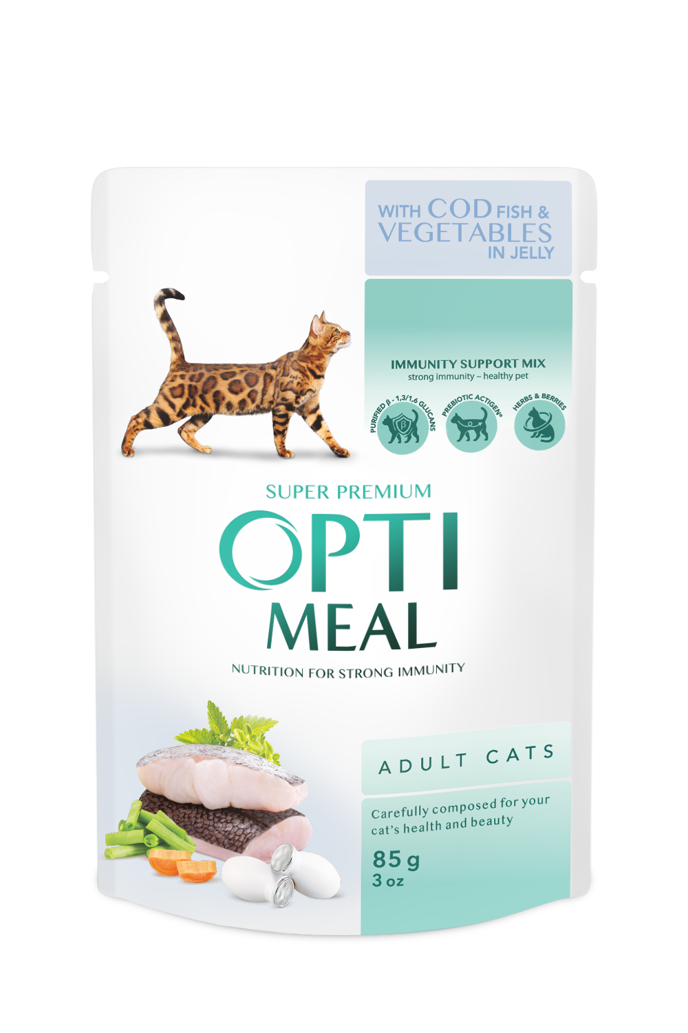OPTIMEAL ™. ?omplete Pouches pet food for adult cats with cod fish and veggies in jelly