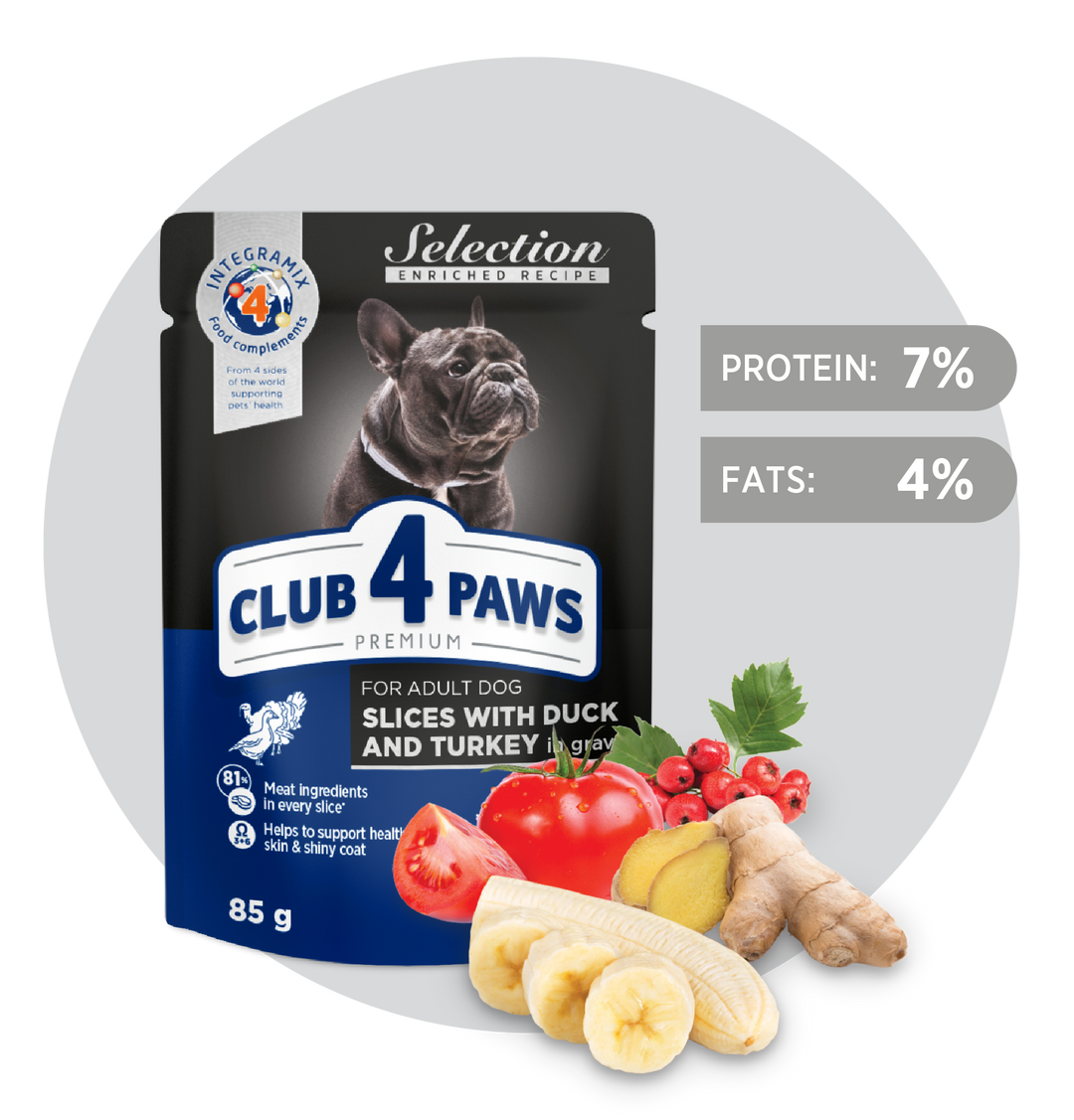 CLUB 4 PAWS Premium Slices with Duck & Turkey in Gravy. Complete Wet Food for Adult dogs of Small Breeds