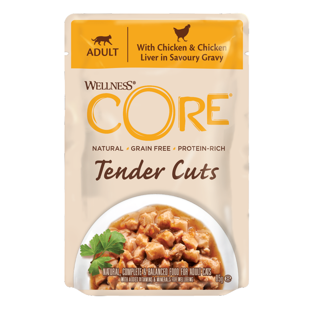 Wellness Core Tender Cuts Chicken & Chicken Liver in gravy Pouches, 85g