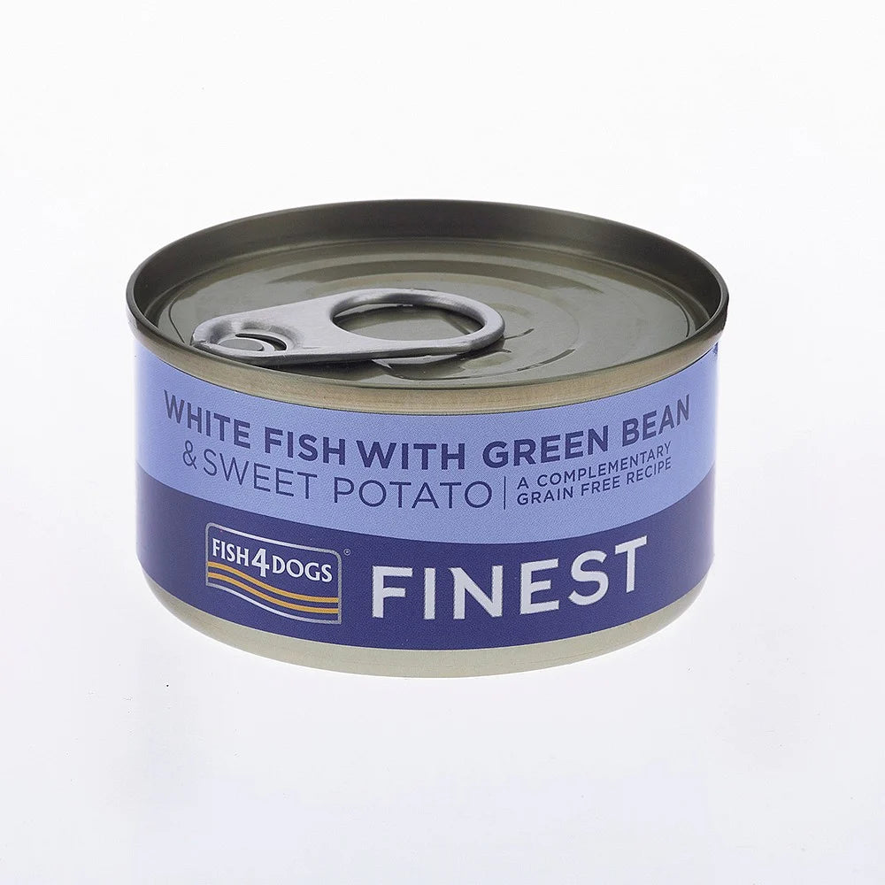 Fish4dogs dog Tin Finest white fish with Swt Potato/Green bean 85g