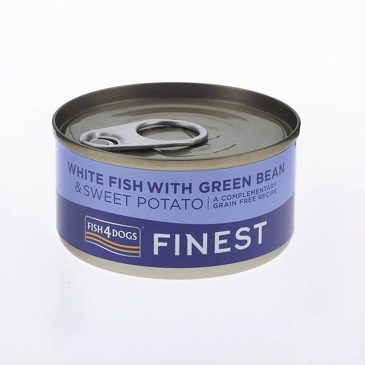 Fish4dogs dog Tin Finest white fish with Swt Potato/Green bean 85g