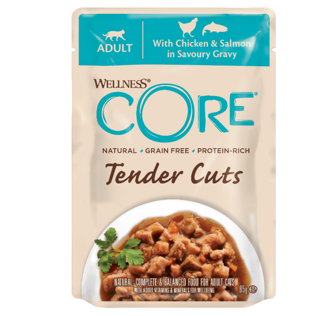 Wellness Core Tender Cuts Chicken & Salmon in gravy Pouches, 85g