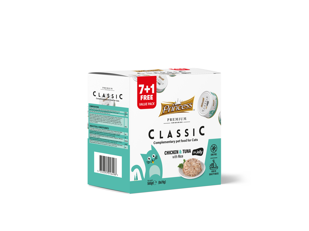 Princess Classic 7+1 free in jelly 560g (8x70g) - Chicken & Tuna with Rice