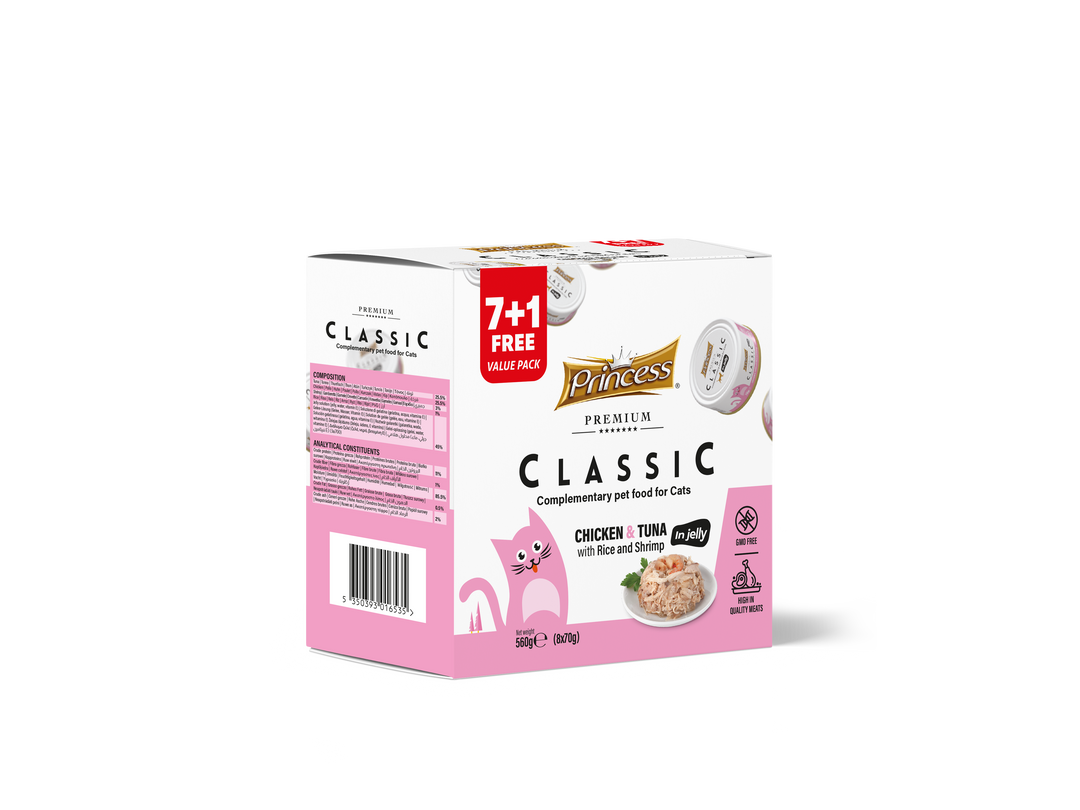 Princess Classic 7+1 free in jelly 560g (8x70g) - Chicken & Tuna with Rice & Shrimp
