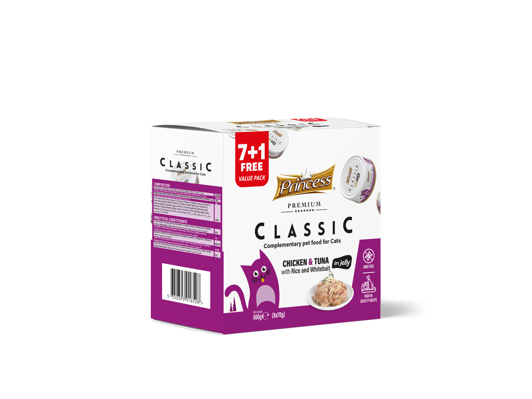 Princess Classic 7+1 free in jelly 560g (8x70g) - Chicken & Tuna with Rice & White bait