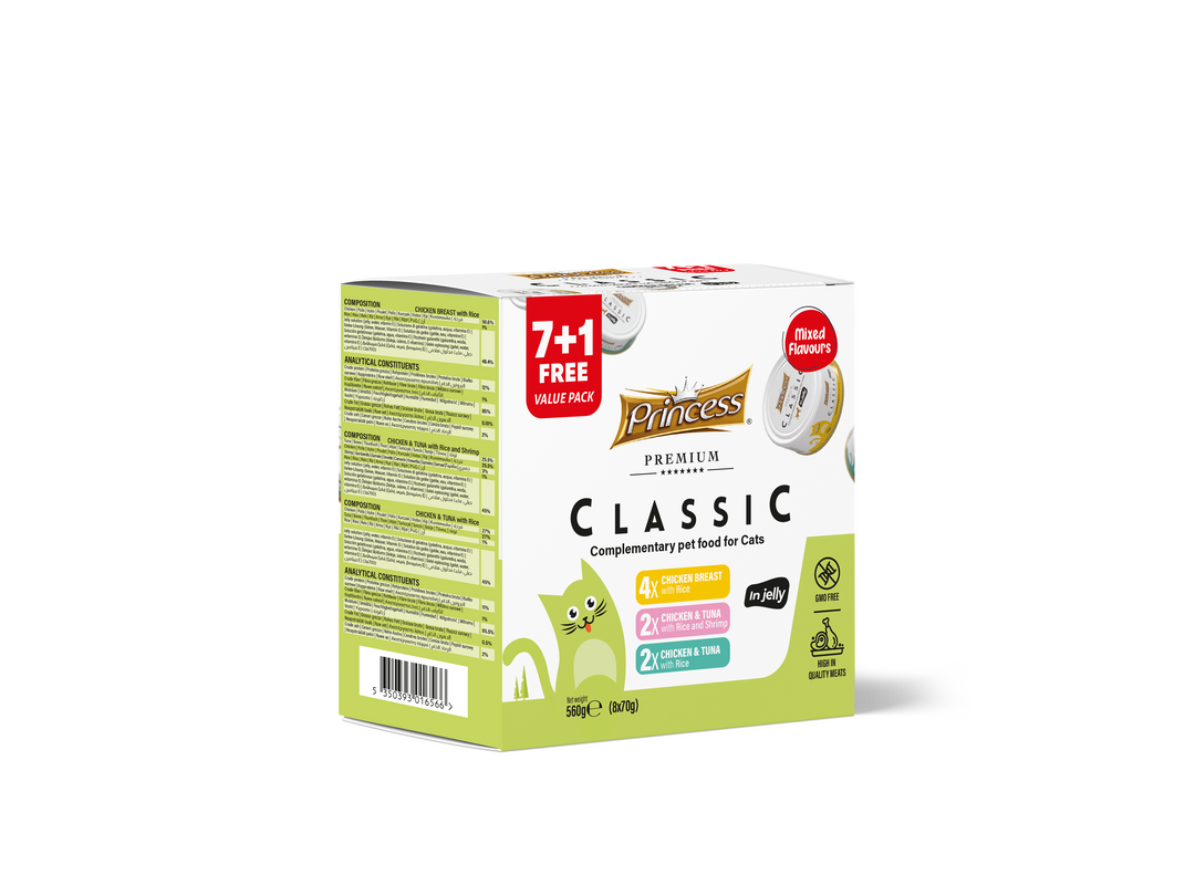Princess Classic 7+1 free in jelly 560g (8x70g) - Chicken Breast with Rice/Chicken & Tuna/Chicken tuna & Shrimp (mixed flavours)