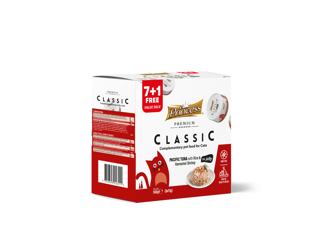 Princess Classic 7+1 free in jelly 560g (8x70g) - Pacific Tuna with Rice & Vannamei Shrimp