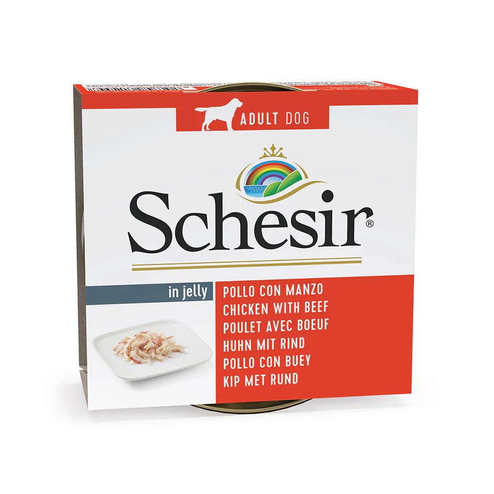 Schesir Natural Dog Food Tin 150g- CHICKEN WITH BEEF IN JELLY