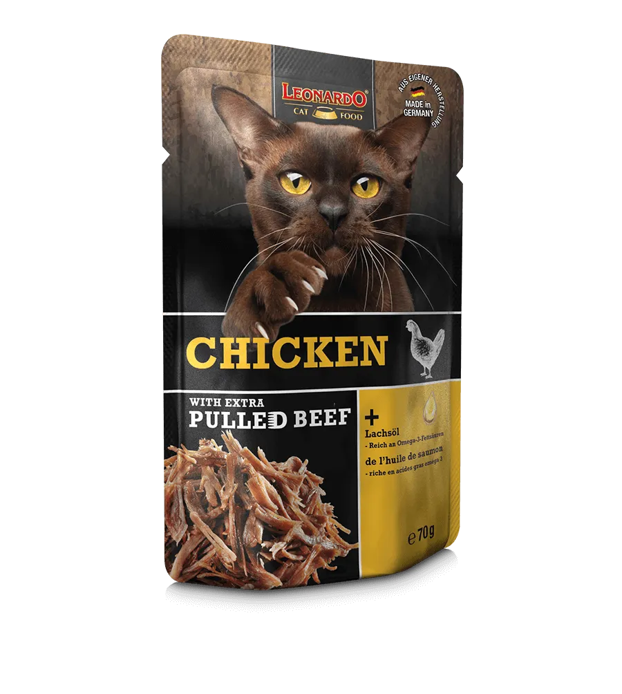 Leonardo Cat pouch Pulled Beef - Chicken, 70g