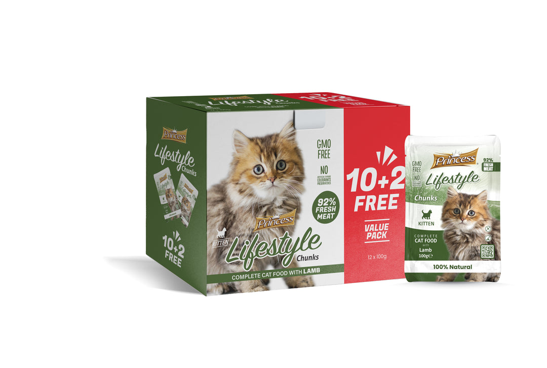Princess Lifestyle Pouches in Jelly 10+2 free value pack - Lamb Chunks for Kittens
