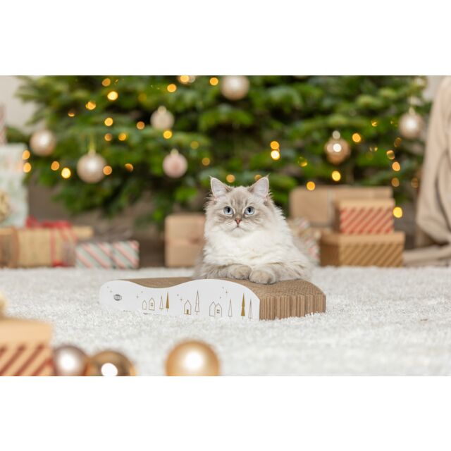 Xmas cardboard, catnip, 43.5 x 8 x 20 cm, white/gold