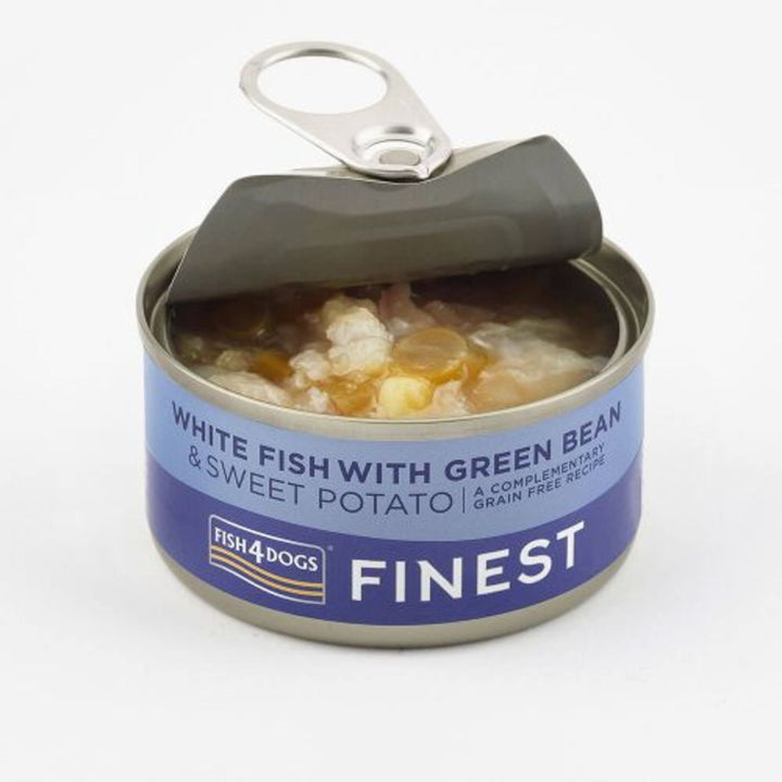 Fish4dogs dog Tin Finest white fish with Swt Potato/Green bean 85g