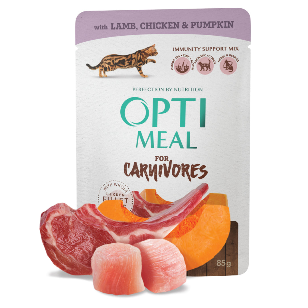 OPTIMEAL Grain free adult cat Pouches - LAMB AND CHICKEN FILLET IN PUMPKIN JELLY