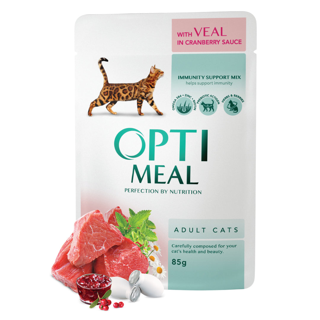 OPTIMEAL ™. Сomplete Pouches pet food for adult cats with veal in cranberry sauce