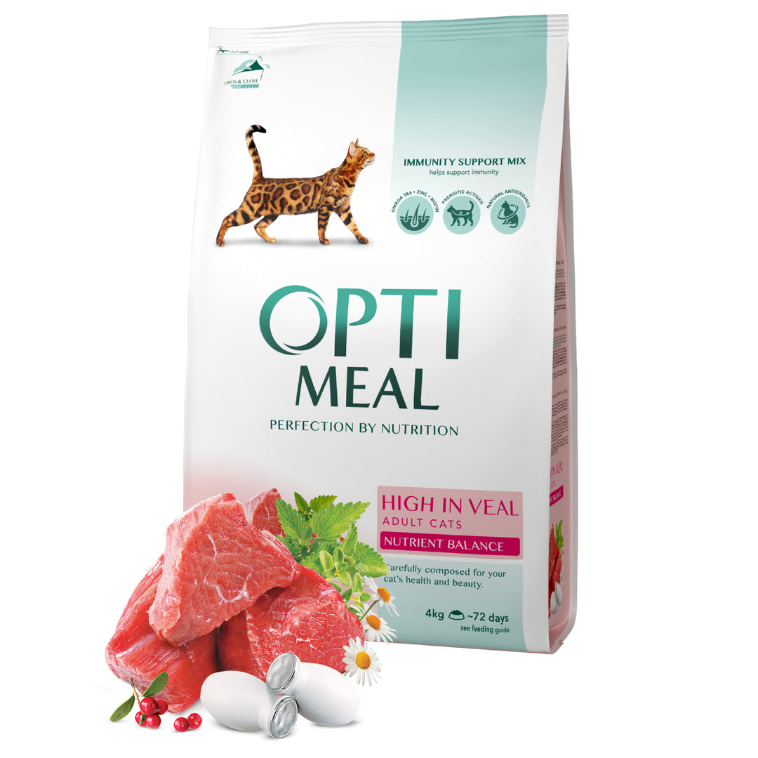 OPTIMEAL™. Complete dry pet food for adult cats high in veal