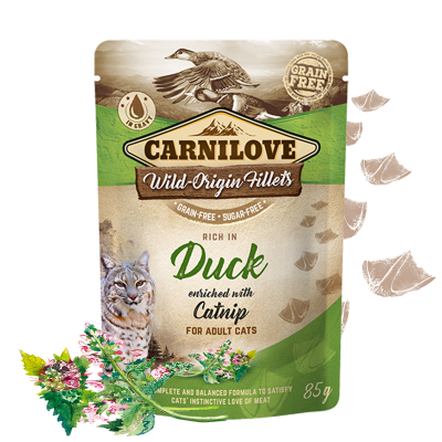 Carnilove cat pouches Rich in Duck enriched with Catnip WILD-ORIGIN FILLETS IN GRAVY