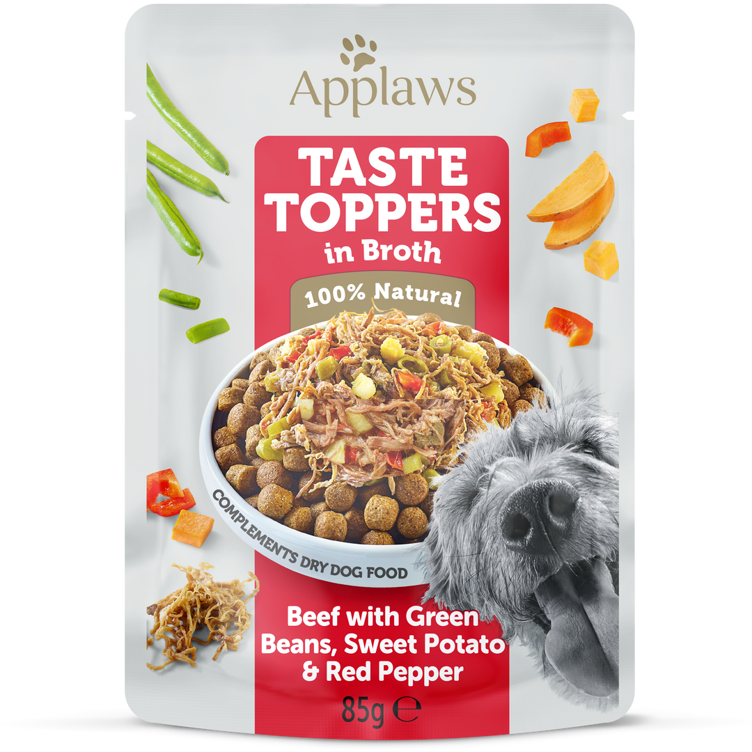 Applaws Tasty Toppers dog Pouch, Beef with Green Beans, Sweet Potato & Red Pepper in Broth, 85g