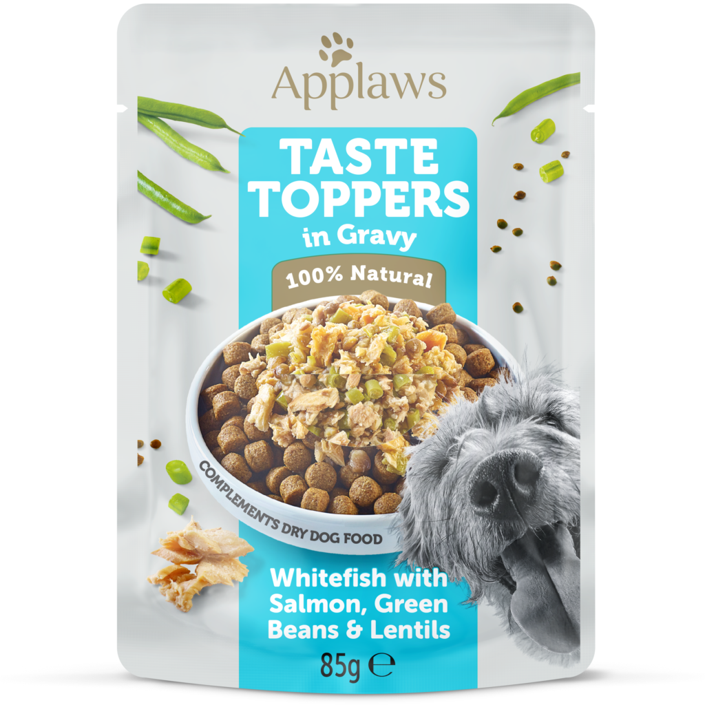 Applaws Tasty Toppers dog Pouch, Whitefish with Salmon, Green Beans & Lentils in Gravy, 85g