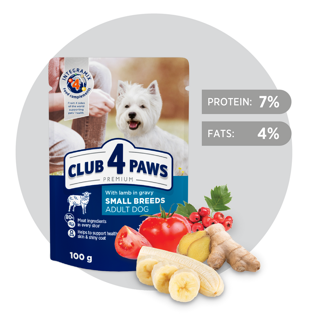 CLUB 4 PAWS Premium for Adult Small Dogs, with Lamb in Gravy. Complete Wet Pet Food